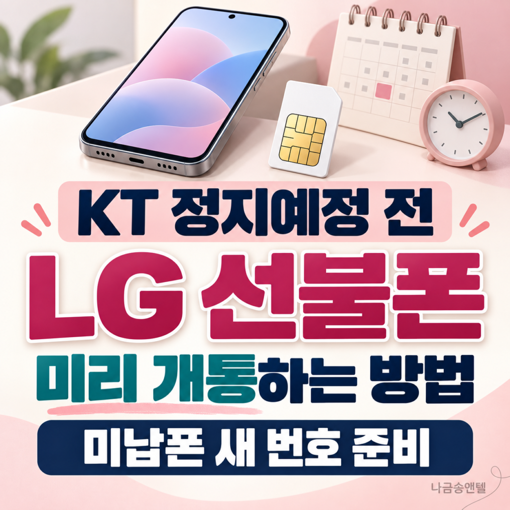 KT 정지예정 전 LG 선불폰으로 새 번호를 준비하는 방법을 안내하는 스마트폰과 유심 이미지