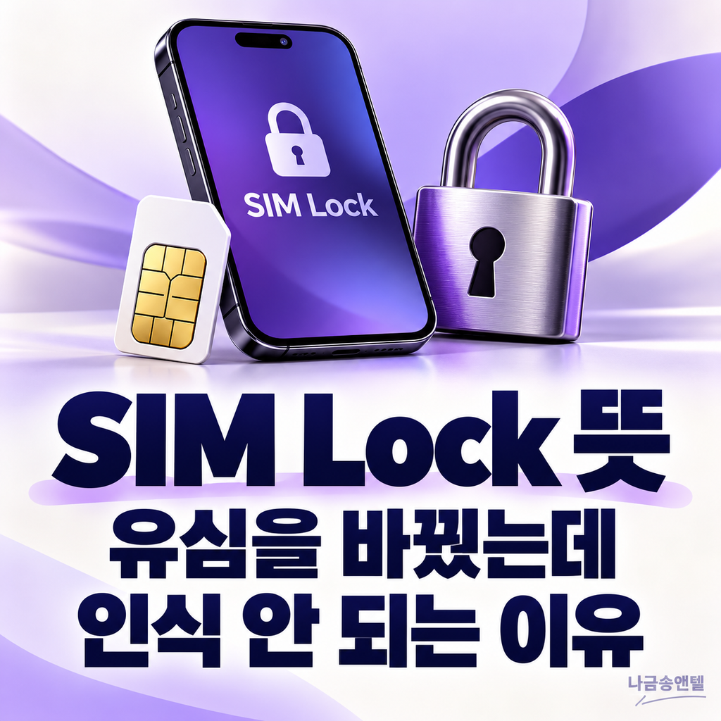 SIM Lock 뜻과 유심 인식 문제를 표현한 스마트폰, 유심 카드, 자물쇠 이미지
