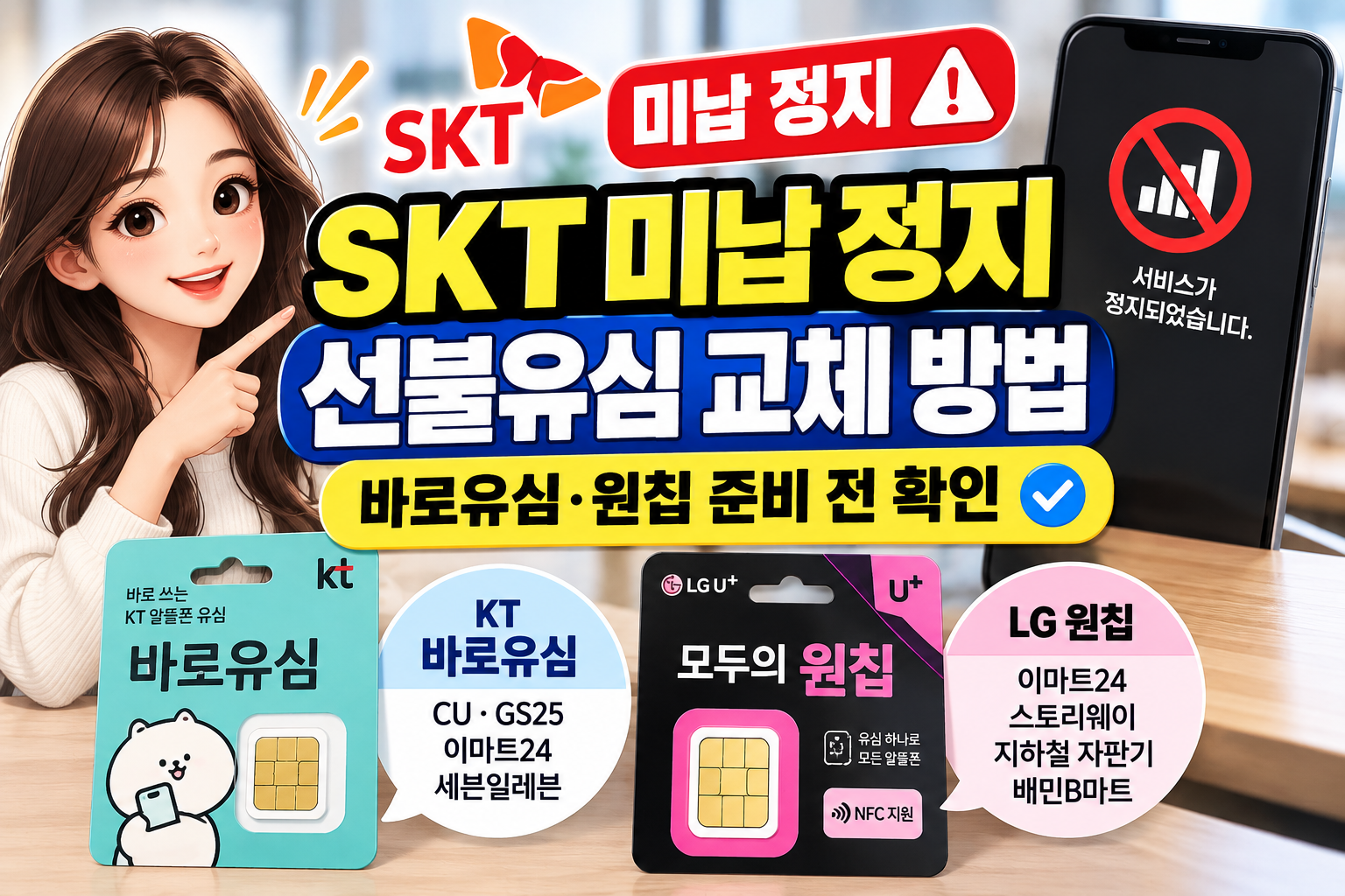 SKT 미납 정지 선불유심 교체 방법과 KT 바로유심 LG 원칩 준비 안내