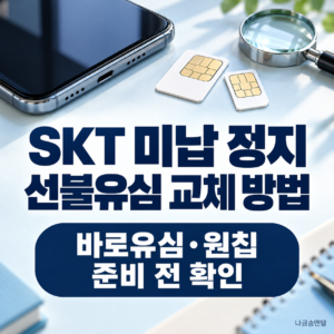 SKT 미납 정지 후 선불유심 교체 준비를 안내하는 스마트폰, 유심 카드 두 장과 돋보기