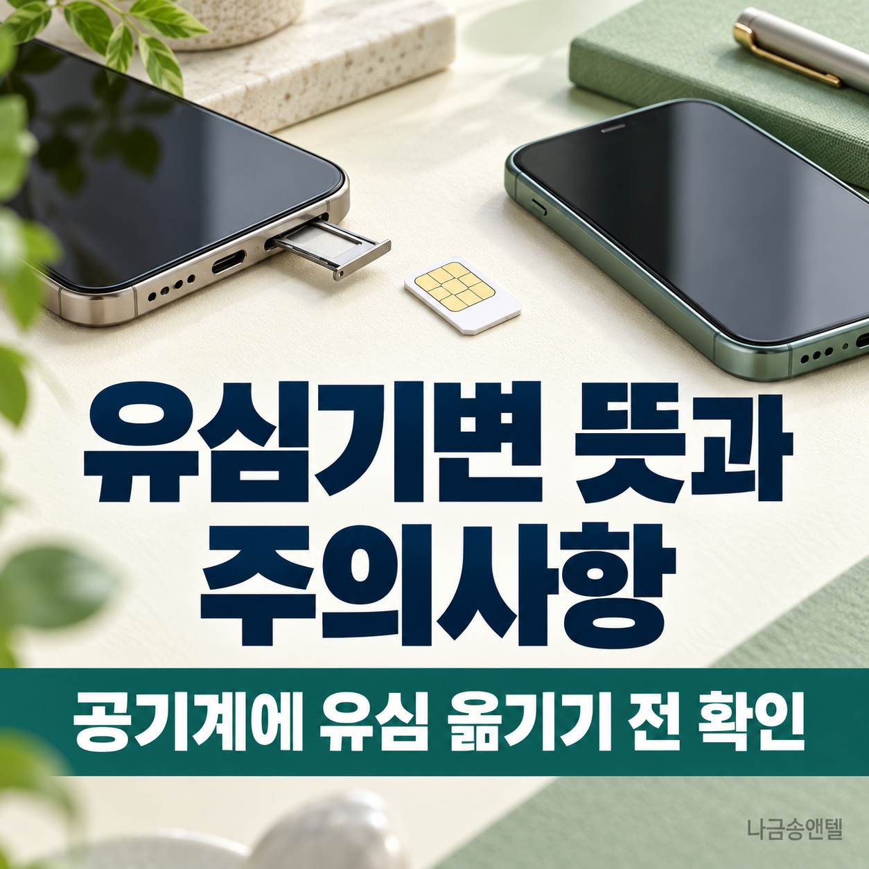 유심기변을 표현한 휴대폰 두 대와 분리된 유심 카드, 열린 유심 트레이