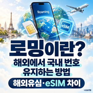 로밍과 해외유심·eSIM의 차이를 표현한 스마트폰, 유심 카드, 지구본과 비행기 이미지